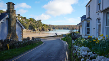 North Sands road This landscape photograph captures North Sands road curving towards North Sands beach, located on the coast in Devon, England, United Kingdom. Taken in the early afternoon during spring, the image shows vibrant daffodils blooming beside traditional houses, with one stone-built cottage prominently displayed on the left. The sandy beach stretches out in the background, bordered by cliffs and woodlands typical of the Devon coastline. A person is seen standing near the beach’s edge, while the calm blue sea and partially cloudy sky enhance the coastal setting. The photograph highlights the distinctive architectural style of English seaside homes and the scenic beauty of this part of the United Kingdom.